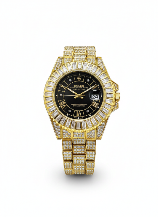 Inspired Iced Out Datejust Gold Watch for Men | Black Dial | Diamond Bezel 0040