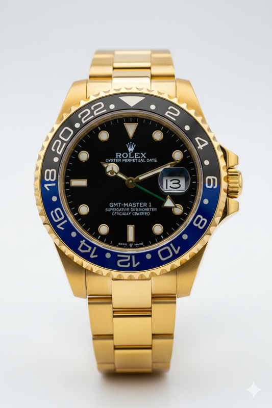 Inspired GMT-Master II Watch for Men | Gold Finish | Black Dial | Black & Blue Bezel 0047