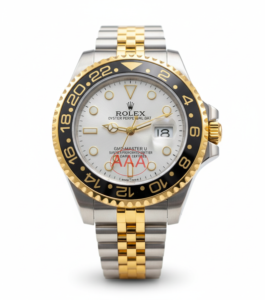 Inspired GMT-Master II Watch for Men | White Dial | Black & Gold Bezel | Two-Tone Jubilee Bracelet | 43mm Quartz 0056