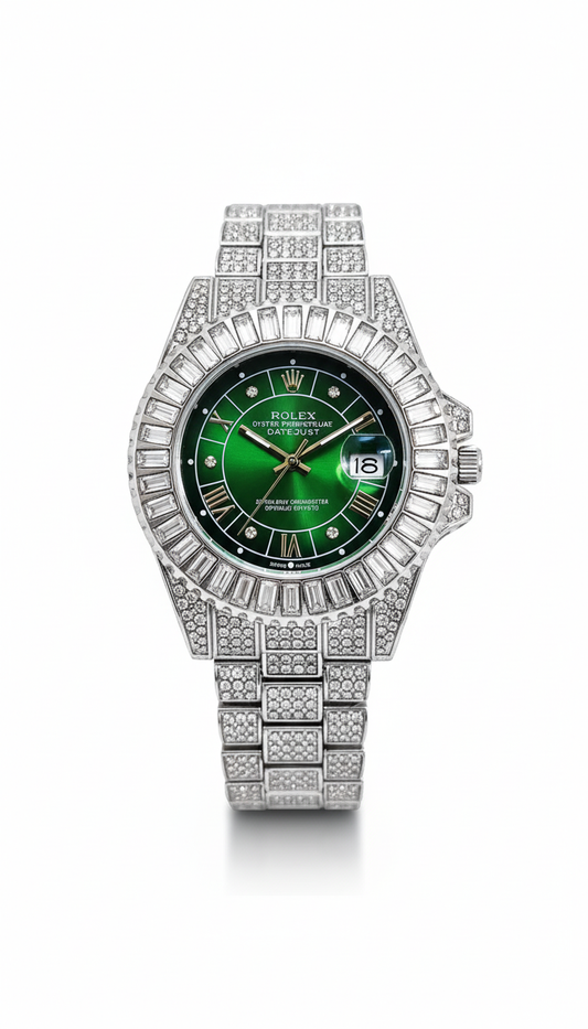 Inspired Iced Out Datejust Silver Watch for Men | Green Dial | Diamond Bezel 0041