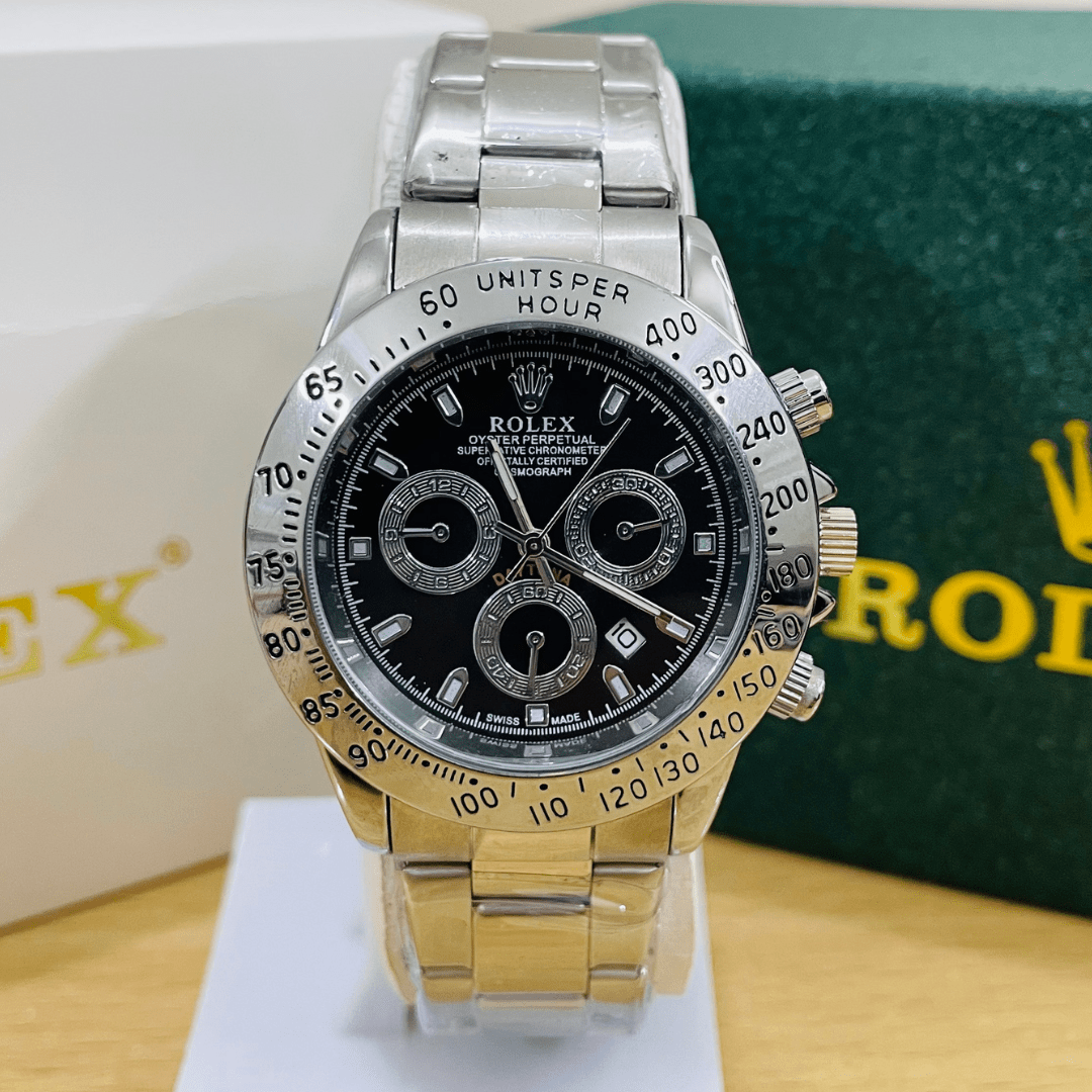 Daytona (Replica) – Silver Oyster Chain | Black Dial | Premium Chronograph Watch 0019