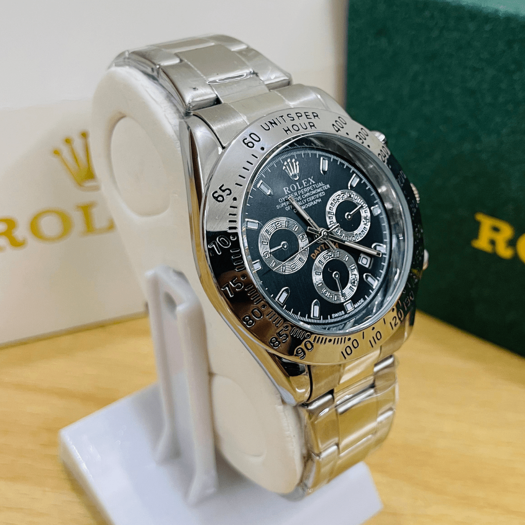 Daytona (Replica) – Silver Oyster Chain | Black Dial | Premium Chronograph Watch 0019