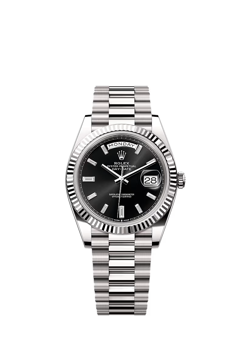 Day-Date 40mm | 18k White Gold | Black Diamond Dial | Fluted Bezel | President Bracelet