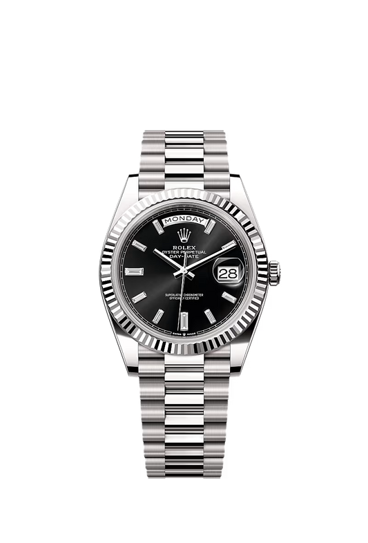 Day-Date 40mm | 18k White Gold | Black Diamond Dial | Fluted Bezel | President Bracelet