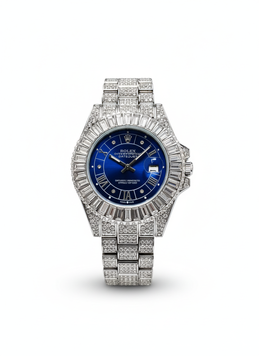 Inspired Iced Out Datejust Silver Watch for Men | Blue Dial | Diamond Bezel 0042
