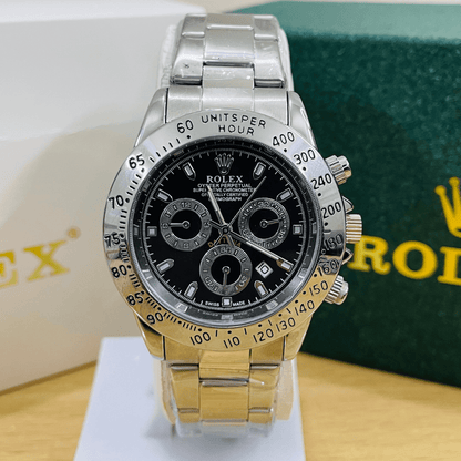 Daytona (Replica) – Silver Oyster Chain | Black Dial | Premium Chronograph Watch 0019