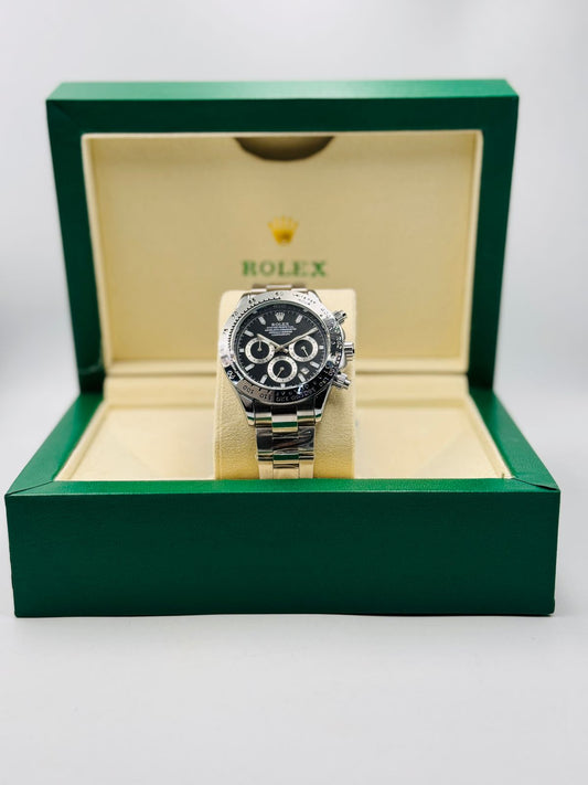 Daytona (Replica) – Silver Oyster Chain | Black Dial | Premium Chronograph Watch 0019