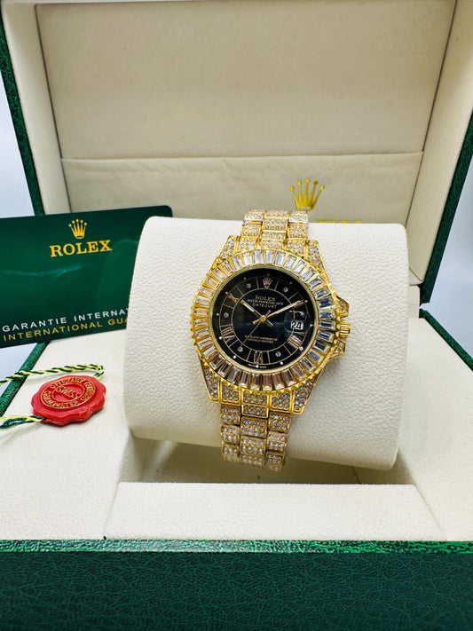 Inspired Iced Out Datejust Gold Watch for Men | Black Dial | Diamond Bezel 0040