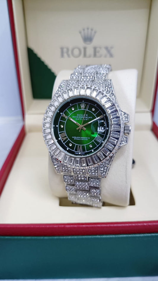 Inspired Iced Out Datejust Silver Watch for Men | Green Dial | Diamond Bezel 0041
