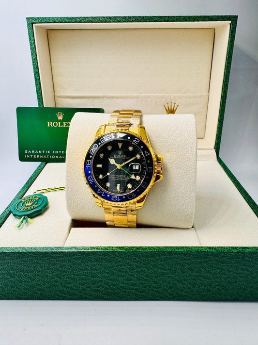 Inspired GMT-Master II Watch for Men | Gold Finish | Black Dial | Black & Blue Bezel 0047