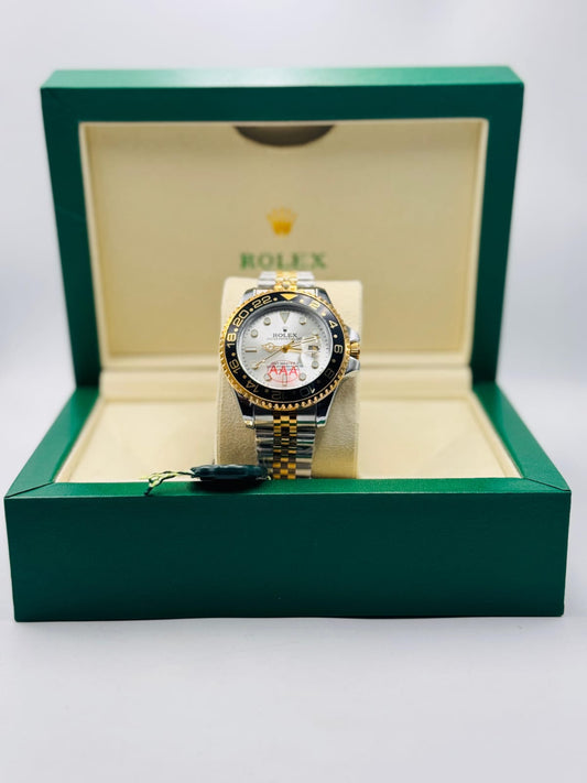 Inspired GMT-Master II Watch for Men | White Dial | Black & Gold Bezel | Two-Tone Jubilee Bracelet | 43mm Quartz 0056