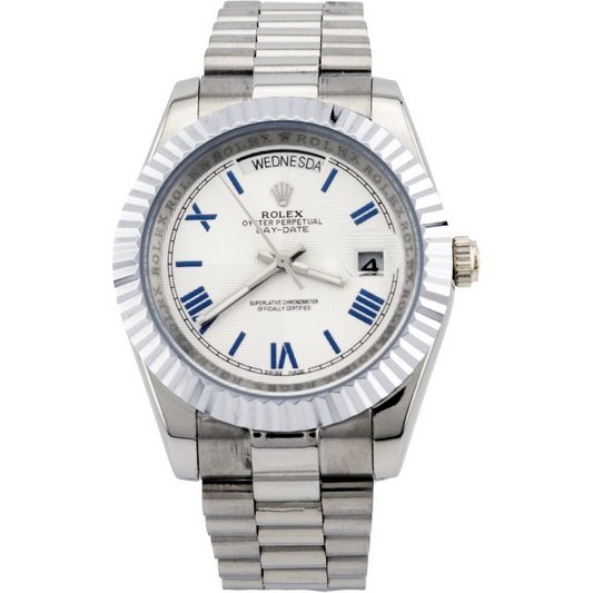 Day-Date Inspired Silver Watch | White Dial with Blue Roman Numerals | Stainless Steel Bracelet