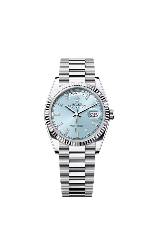 Oyster Perpetual Day-Date 36 | Platinum | Ice-Blue Diamond Dial | Fluted Bezel | President Bracelet