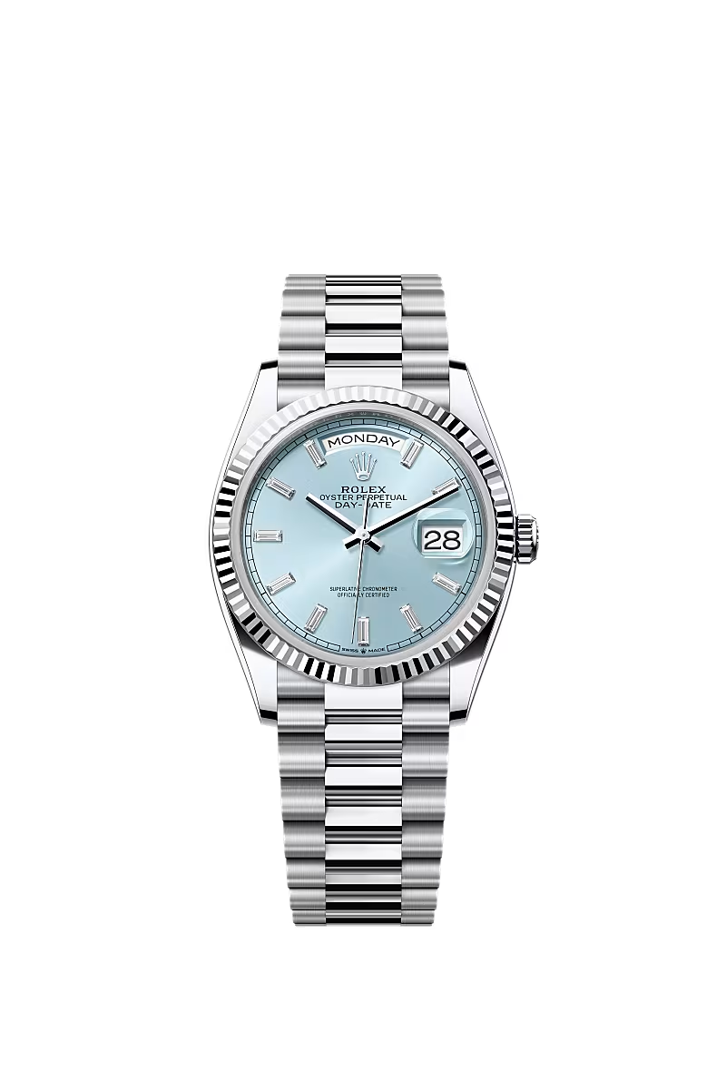 Oyster Perpetual Day-Date 36 | Platinum | Ice-Blue Diamond Dial | Fluted Bezel | President Bracelet